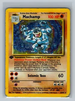 DAMAGED Machamp 8/102 HOLO Pokemon TCG Base Set 1ST EDITION Card Thin Stamp 1999 - Image 1