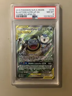 PSA 8 Blastoise & Piplup GX 215/236 Tag Team Alt Art Cosmic Eclipse Pokemon Card - Image 1
