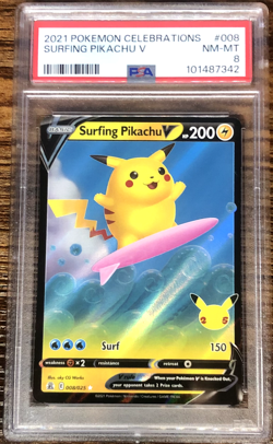 2021 POKEMON CELEBRATIONS #008 SURFING PIKACHU V PSA 8 - Image 1