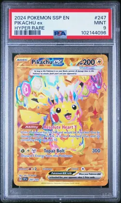 2024 POKEMON SSP EN SURGING SPARKS HYPER RARE #247 PIKACHU EX PSA 9 - Image 1
