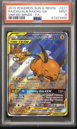 2019 POKEMON SUN & MOON UNIFIED MINDS FULL ART/RAICHU & ALOLAN RAICHU GX PSA 9 - Image 1