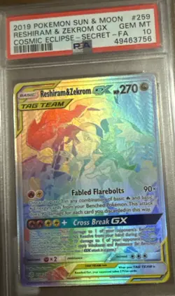 2019 POKEMON SUN & MOON COSMIC ECLIPSE #259 FULL ART/RESHIRAM & ZEKROM GX PSA 10 - Image 1