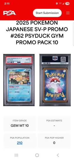 2025 Pokemon SV-P JP Psyduck 262/SV-P Gym Promo Pack 10 PSA 10 - Image 1
