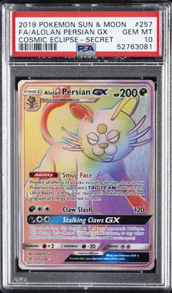 2019 POKEMON SUN & MOON COSMIC ECLIPSE SECRET FULL ART/ALOLAN PERSIAN GX PSA 10 - Image 1