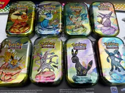 Prismatic Evolutions Empty Mini Tin Complete Set Of 8 Tin + Card + Coin NO PACKS - Image 1