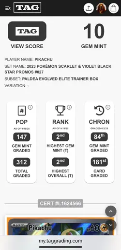 2023 Pokemon S&V Paldea Evolved ETB - Pikachu Black Star Promo #027 TAG 10 - PSA - Image 4
