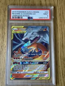 2019 Pokemon Unbroken Bonds Reshiram Charizard GX Tag Team PSA 9 20/214 - Image 1