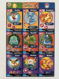 1999 Burger King Pokemon 1st Movie Cards Uncut Sheet Set #18 Bulbasaur Eevee - Image 1