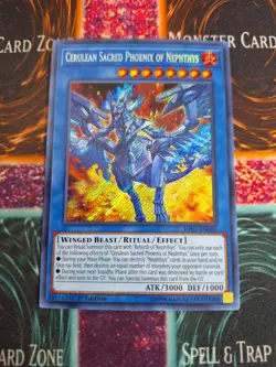 Yu-Gi-Oh! Cerulean Sacred Phoenix of Nephthys HISU-EN006 Secret Rare 1st Ed NM - Image 1