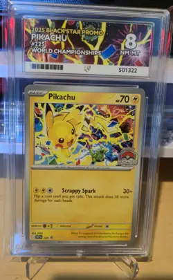 Pokemon TCG Pikachu Promo 2025 World Championships SVP EN 225 Card ACE Graded 8 - Image 1