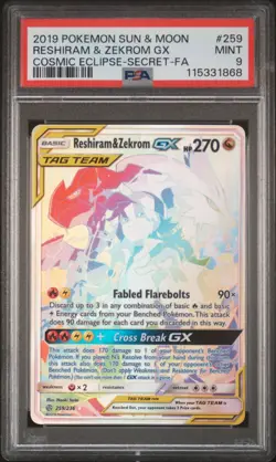 Pokemon PSA 9 Reshiram & Zekrom GX 259/236 Cosmic Eclipse Rainbow Rare Near Mint - Image 1