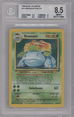 BGS 8.5 NM-MT+ 1999 Base Set Unlimited Venusaur HOLO R #15 Pokemon Trading Card - Image 1