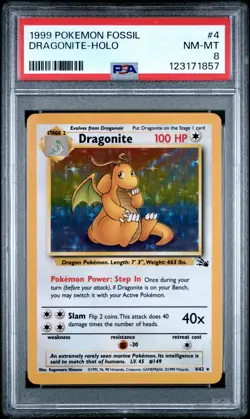 1999 POKEMON FOSSIL #4 DRAGONITE-HOLO PSA 8 - Image 1