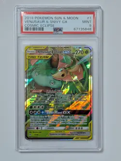 2019 POKEMON SUN & MOON COSMIC ECLIPSE #1 VENUSAUR & SNIVY GX PSA 9 - Image 1