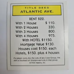 Replacement Atlantic Ave Title Deed Card Only Yellow Regular Basic Monopoly - Image 1