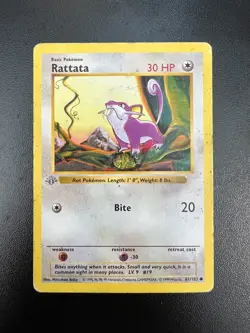 Pokemon Rattata 61/102 Base Set 1st Ed Shadowless GRAY STAMP Misprint Damaged - Image 1