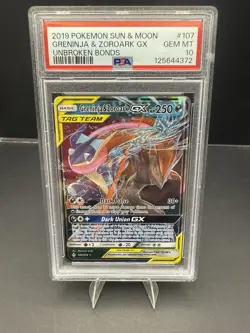 Pokemon Greninja & Zoroark GX 107/214 Tag Team Unbroken Bonds PSA 10 GEM - Image 1