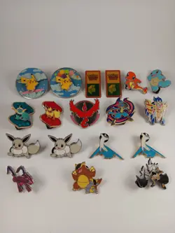 Official Pokemon Enamel Pins & 2 Vintage Trainer Badges- Lot Of 18 Pins - Image 1
