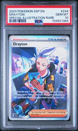 2024 POKEMON SSP EN-SURGING SPARKS SPECIAL ILLUSTRATION RARE #244 DRAYTON PSA 10 - Image 1