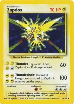 Lightly Played Zapdos - 16/102 - Holo Rare - Unlimited Edition Pokemon Base Set - Image 1