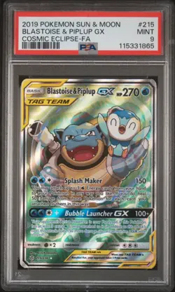 PSA 9 Blastoise & Piplup GX 215/236 Tag Team Alt Art Cosmic Eclipse Pokemon Card - Image 1
