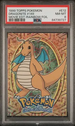 1999 TOPPS Pokemon Movie Edition DRAGONITE Rainbow Foil E12 Rainbow Foil PSA 8 - Image 1