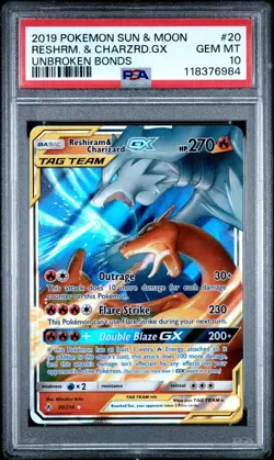 Pokemon PSA 10 Reshiram & Charizard GX Ultra Rare 2019 20/214 Unbroken Bonds - Image 1