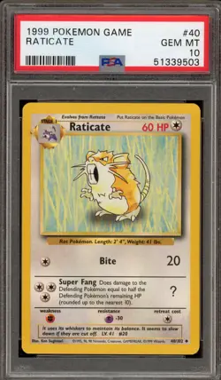 Pokemon Raticate Base Set Unlimited #40 PSA 10 Gem Mint - Image 1