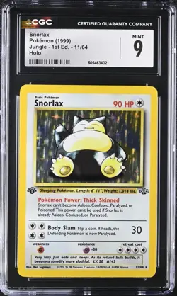 Pokemon TCG Snorlax Jungle Holo Card 11/64 1st Edition Rare CGC 9 MINT - Image 1