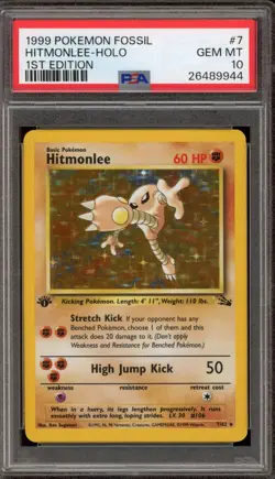 Pokemon Hitmonlee Fossil 1st Edition Holo Rare #7 PSA 10 Gem Mint - Image 1