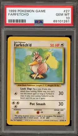 Pokemon Farfetch'd Base Set Unlimited #27 PSA 10 Gem Mint - Image 1