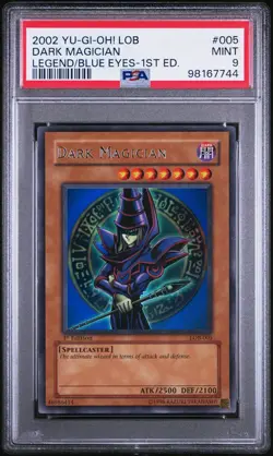 Dark Magician Yugioh 2002 LOB-005 Ultra Rare 1st Edition Glossy PSA 9 - Image 1