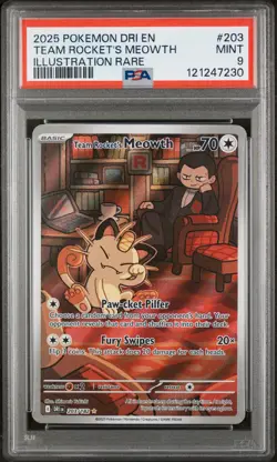 2025 Pokemon Destined Rivals Team Rocket's Meowth #203 Illustration Rare PSA 9 - Image 1