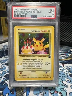 Pokemon BOOTY SWIRL 2000 Birthday Pikachu Black Star 24 Holo Card PSA 9 Mint - Image 1