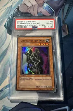 2002 Yugioh GEARFRIED THE IRON KNIGHT PSV-101 1st Edition PSA 8- Holo Foil Bleed - Image 1