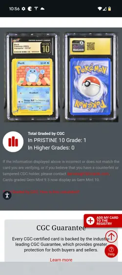 (POP 1) CGC 10 PRISTINE Marill Aquapolis 53/147 Pokemon English 2003 Card - Image 4