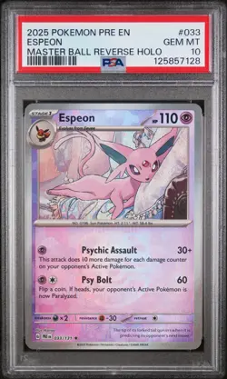 2025 Pokemon Prismatic Evolutions Espeon Master Ball Reverse Holo 033/131 PSA 10 - Image 1