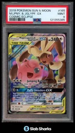 2019 POKEMON S&M COSMIC ECLIPSE MEGA LOPUNNY JIGGLYPUFF TAG TEAM HOLO PSA 9 - Image 1
