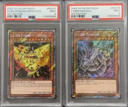 2024 PSA 9 YUGIOH RA03 PLATINUM SECRET RARE SACRED PHOENIX & CYBER DRAGON SET - Image 1