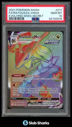 2021 POKEMON EVOLVING SKIES #217/203 RAYQUAZA VMAX FULL ART SECRET RARE PSA 10 - Image 1