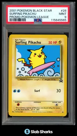 1999 POKEMON BLACK STAR PROMOS #28 SURFING PIKACHU LEAGUE PSA 9 - Image 1