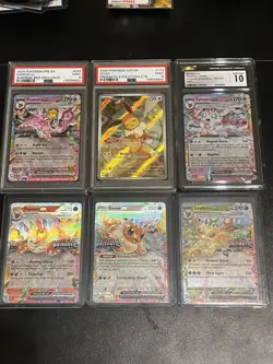6 Cards 2025 POKEMON PRISMATIC EVOLUTIONS (STAMPED) PSA 9 & CGC 10 + Eevee PSA 9 - Image 1