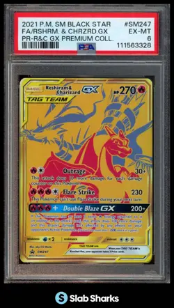 2021 POKEMON SM BLACK STAR PROMOS #SM247 RESHIRAM & CHARIZARD GX FULL ART PSA 6 - Image 1