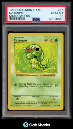 1999 POKEMON BASE SET SHADOWLESS #45 CATERPIE PSA 10 - Image 1