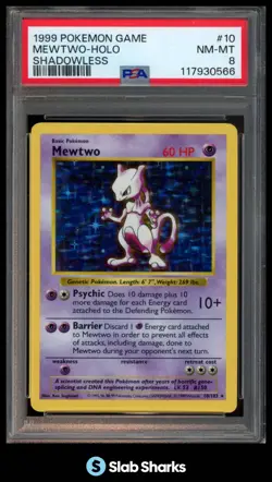 1999 POKEMON SET SHADOWLESS #10/102 MEWTWO HOLO PSA 8 - Image 1
