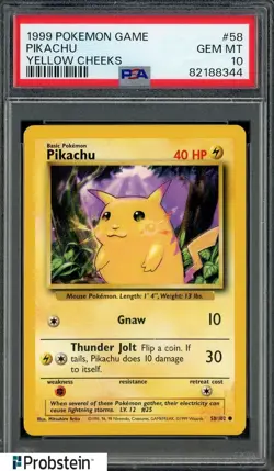 1999 Pokemon Game Yellow Cheeks #58 Pikachu PSA 10 GEM MINT - Image 1