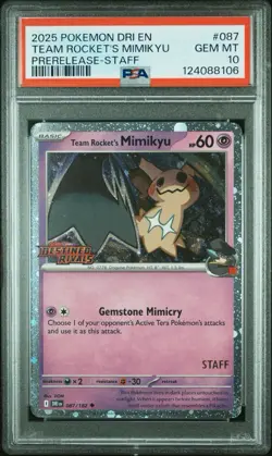 Pokemon Team Rockets Mimikyu Prerelease Staff Promo Card PSA 10 Destined Rivals - Image 1