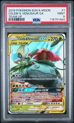 2019 POKEMON SUN & MOON TEAM UP #1 CELEBI & VENUSAUR GX PSA 9 - Image 1