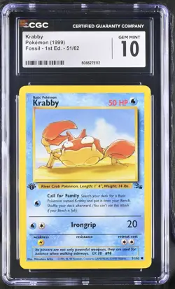 CGC 10 GEM MINT Krabby 1999 Fossil 1st Edition 51/62 Pokemon Card - Image 1