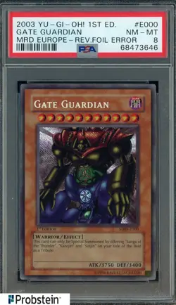 2003 Yu-Gi-Oh! 1st Ed MRD Europe Rev. Foil Error Gate Guardian PSA 8 - Image 1